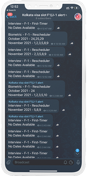 Telegram Visa channel Screenshot Kolkata F1